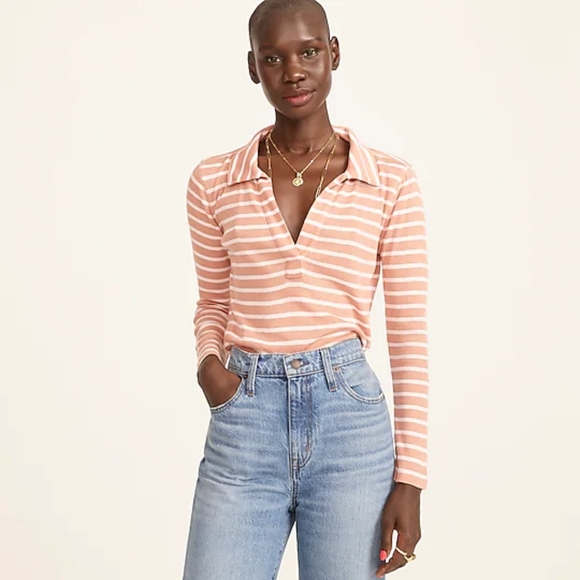 JCrew Long Sleeve Ribbed Polo in Clay Blush Stevie Stripe - Picture 1 of 5